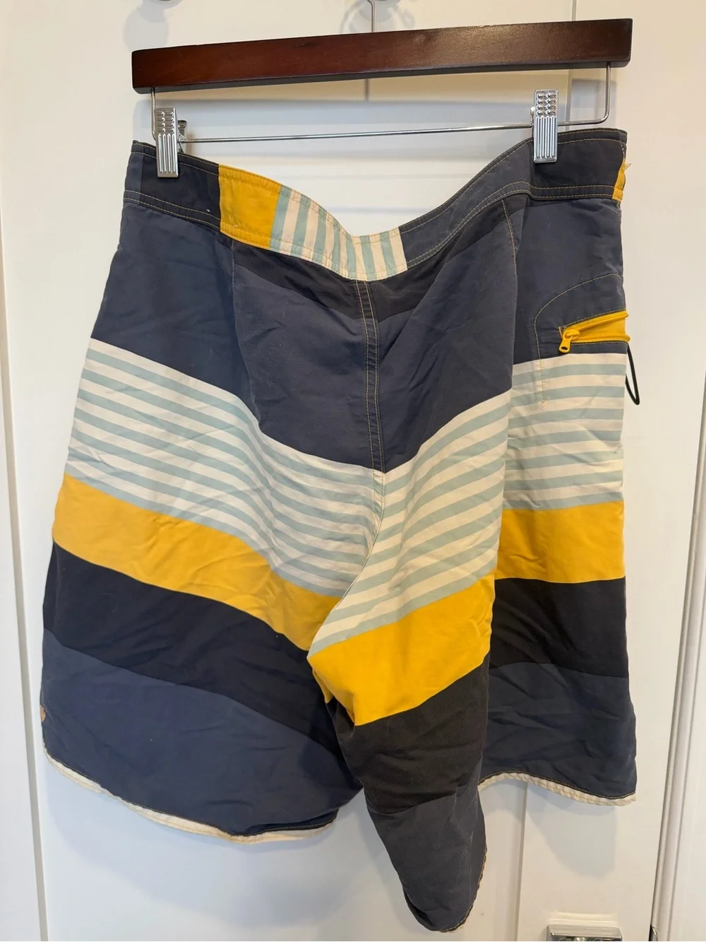 Patagonia Men’s Navy, Yellow & Light Blue Striped Board Shorts
